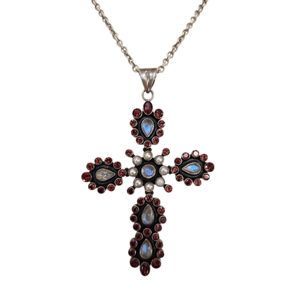 Nicky Butler Signed Cross Gemstone Sterling Silver Necklace - Picture 2 of 6